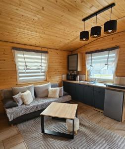 a living room with a couch and a kitchen at Domki u Ewci - Domki całoroczne in Uherce Mineralne