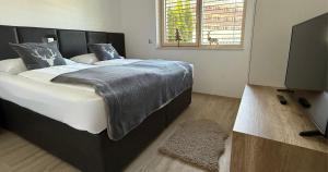 a bedroom with a large bed and a television at Vila Mojca SKI IN&OUT - Apartmaji Lena in Kranjska Gora