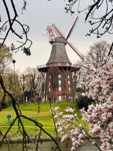 ブレーメンにあるBremen City Apartmentの建物の前にあるピンクの花が咲いた風車