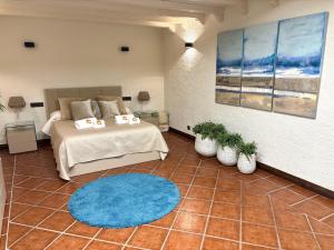 Un dormitorio con una cama y una alfombra azul. en Finca Los Llanos By Solymar Holiday, en Los Puertas 42 fotos más