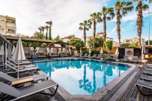 阿拉尼亚HMA Hotel & Suites的一个带躺椅的游泳池,棕榈树