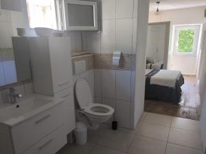 bagno con servizi igienici, lavandino e letto di Casa Di mamou a Loreto-di-Tallano Altre 49 foto
