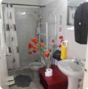 a bathroom with a toilet and a sink with flowers in it at Palmitas Hostel with tropical garden & pool in Oranjestad +10 photos