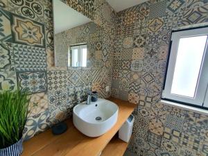 a bathroom with a sink and a mirror on the wall at Alojamento Antonio in Castanheira de Pêra +15 photos