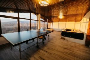 two ping pong tables in a large room with windows at Casa Șandru in Novaci-Străini