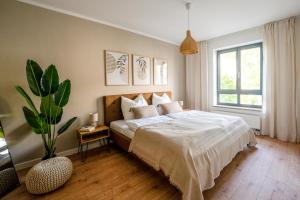ein Schlafzimmer mit einem Bett und einer Topfpflanze in der Unterkunft Luma-Living Apartments in Dresden