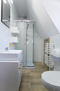ein Badezimmer mit Dusche, Waschbecken und Toilette in der Unterkunft Willa Mała Łąka Jacuzzi & Sauna in Zakopane + 107 Fotos