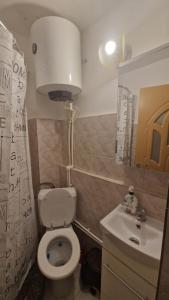 ein kleines Badezimmer mit Toilette und Waschbecken in der Unterkunft Apartament Faleza Tiglina in Galaţi + 22 Fotos