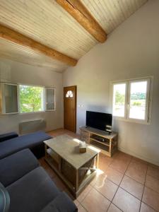 a living room with a blue couch and a table at Entre Vignes et Collines in Méthamis