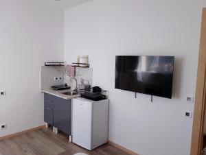 a kitchen with a sink and a tv on a wall at Monolocale in campagna in Camporosso