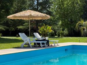 dwa krzesła, stół i parasol przy basenie w obiekcie Escapade Romantique en Chalet Nature, Calme et Douceur au Bord de Marne w mieście Isles-lès-Villenoy