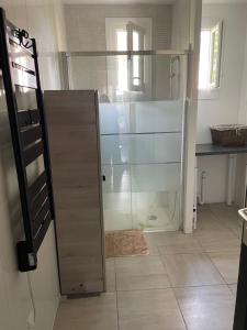 a shower with a glass door in a bathroom at La Savoureuse in Belfort