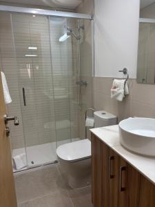 a bathroom with a shower and a toilet and a sink at casa espiga in Benalmádena +19 photos