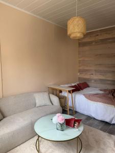 un soggiorno con un divano e un letto di Studio du Vercors a Fontaine