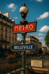 Una farola con un cartel de Meoria Bellville. en Hotel de Touraine Belleville, en París