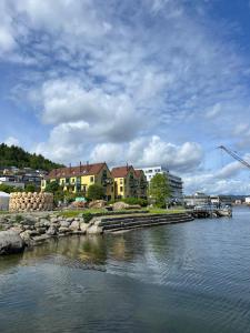 a body of water with some buildings and houses at Sentral leilighet, Bergen in Bergen