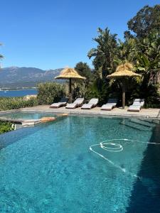 une grande piscine avec chaises et parasols dans l'établissement La baie des anges, à Porto-Vecchio