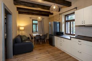a kitchen with a refrigerator and a table with chairs at Chlum 5 in Luže