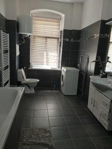 a bathroom with a tub and a toilet and a sink at 1 Apartments Angels okb in Altenburg