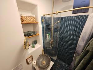 a bathroom with a shower and a sink at Paupio Gertruda in Vilnius