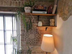 a room with a lamp and plants on a brick wall at Paupio Gertruda in Vilnius