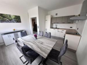 マリボルにあるTabor View Apartmentのテーブルと椅子のあるキッチンとダイニングルーム