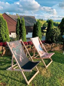 un paio di sedie sedute nell'erba di AgroDomek Rzepiska a Rzepiska Altre 116 foto