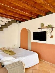 明乔河畔的瓦雷奇奥La casa di Nina - Appartamenti Deluxe的一间卧室，里面有一张床和一台平板电视