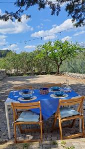 una mesa con platos azules con dos sillas en Casa del Menhir, cammino Materano e ciclovia, en Cassano delle Murge