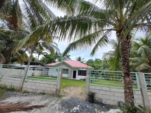 a house with a fence and a palm tree at The Red Roof in Batuan