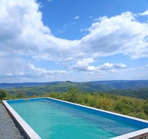 a swimming pool with a view of the mountains at Căsuțele din Zăbran in Gornenţi