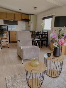 sala de estar con sofá, silla y mesas en Rural holiday home, en Boornbergum