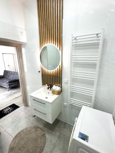 a bathroom with a sink and a mirror at VIBE S31 Apartman ,AC,Free Parking in Székesfehérvár +42 photos
