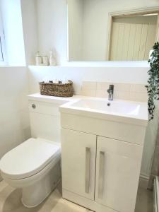 a white bathroom with a toilet and a sink at Fig Tree Cottage in North Cornelly +23 photos