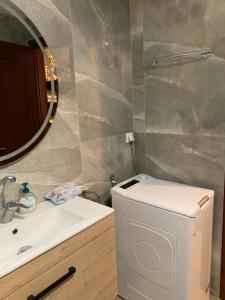 a bathroom with a sink and a toilet and a mirror at Holidays Pelion studio in Nea Anchialos