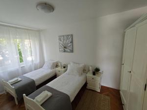 dwa łóżka w małym pokoju z oknem w obiekcie Antemma Apartment w Puli