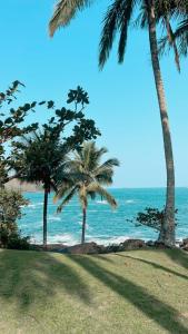 two palm trees on a beach with the ocean at LINDO SOBRADO PERTINHO DA PRAIA - WiFi 600 MEGAS in Bertioga