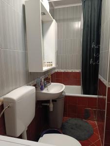 a bathroom with a toilet and a sink and a mirror at CityComfort Tuzla in Tuzla +8 photos