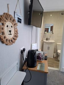 a bathroom with a counter with a sink and a toilet at Westbrook Lodge Guest House in Margate