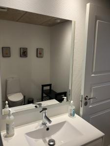 a bathroom with a sink and a large mirror at Lohals camping in Tranekær