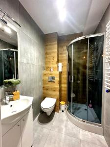 a bathroom with a shower and a toilet and a sink at Apartament Nad Stawem in Wadowice