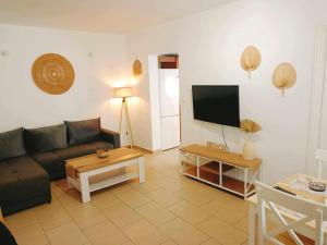 a living room with a couch and a tv at Jenny Sam renovated house for 5 near center and be in Skiathos Town