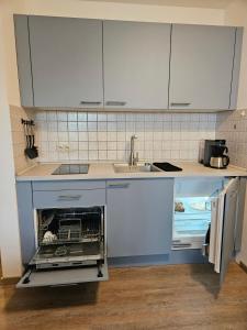 una cucina con lavello e lavastoviglie aperta di "Arberblick" im Ferienland Sonnenwald Arberblick a Schöfweg