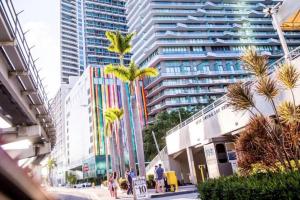 eine Palme in einer Stadtstraße mit hohen Gebäuden in der Unterkunft Lovely 2BR in the Heart of Brickell Free Parking in Miami + 11 Fotos