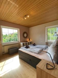 une chambre avec un grand lit et deux fenêtres dans l'établissement FeWo Sonnenlay - Apartments an der Mosel, à Brauneberg