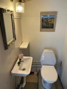 a bathroom with a white toilet and a sink at Strandnära Stuga Saga in Visby