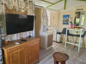 TV a/nebo společenská místnost v ubytování Chalet en bois climatisé À 300 m de la plage Marina di Sorbo 6 personnes