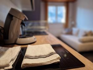 a kitchen counter with a coffee maker and a towel at La Barroude in Bagnères-de-Bigorre