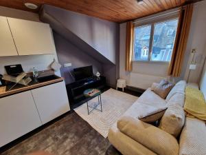 a living room with a couch and a table at La Barroude in Bagnères-de-Bigorre