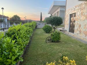 a yard with a bike sitting in the grass at Alojamento, Chelas Rural AL in Mirandela